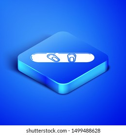 Isometric Snowboard icon isolated on blue background. Snowboarding board icon. Extreme sport. Sport equipment. Blue square button. Vector Illustration