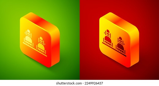 Isometric Snowboard icon isolated on green and red background. Snowboarding board icon. Extreme sport. Sport equipment. Square button. Vector Illustration