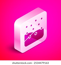 Isometric Snowfall icon isolated on pink background. Snow falling winter snowflakes christmas new year. Merry Christmas and Happy New Year. Silver square button. Vector