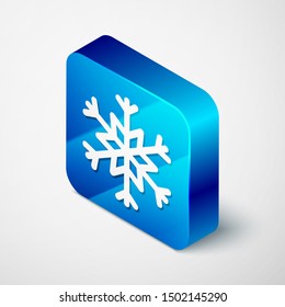 Isometric Snowflake icon isolated on white background. Blue square button. Vector Illustration
