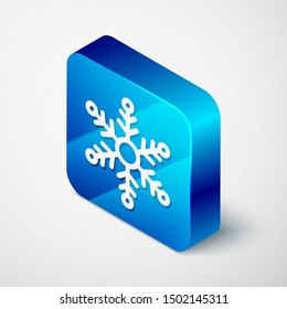 Isometric Snowflake icon isolated on white background. Blue square button. Vector Illustration