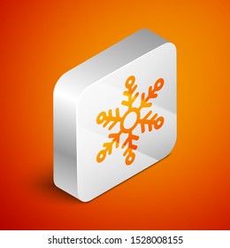 Isometric Snowflake icon isolated on orange background. Silver square button. Vector Illustration