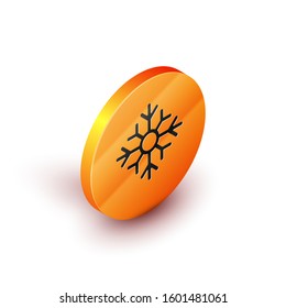 Isometric Snowflake icon isolated on white background. Merry Christmas and Happy New Year. Orange circle button. Vector Illustration