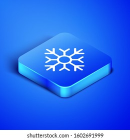 Isometric Snowflake icon isolated on blue background. Merry Christmas and Happy New Year. Blue square button. Vector Illustration