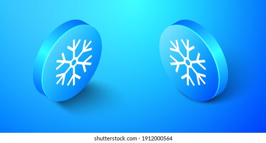 Isometric Snowflake icon aislado en fondo azul. Botón de círculo azul. Vector.