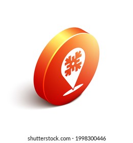 Isometrisches Schneeflocken-Symbol einzeln auf weißem Hintergrund. Frohe Weihnachten und glückliches neues Jahr. orangefarbene Kreistaste. Vektorgrafik