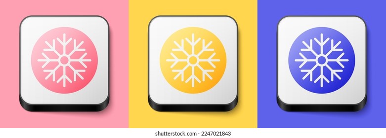 Isometrisches Schneeflocken-Symbol einzeln auf rosafarbenem, gelbem und blauem Hintergrund. Frohe Weihnachten und glückliches neues Jahr. Knopf Quadrat. Vektorgrafik