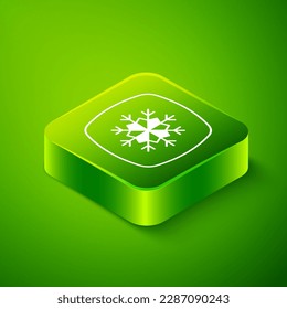 Isometric Snowflake icon isolated on green background. Merry Christmas and Happy New Year. Green square button. Vector