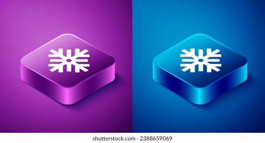 Isometric Snowflake icon isolated on blue and purple background. Merry Christmas and Happy New Year. Square button. Vector