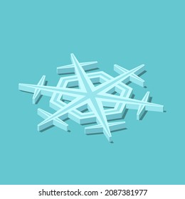 Un copo de nieve isométrico sobre azul turquesa. Temporada de invierno, nieve, clima frío, temperatura y concepto de clima. Diseño plano. Ilustración vectorial EPS 8, sin transparencia, sin gradientes