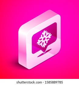 Isometric Snowflake with speech bubble icon isolated on pink background. Merry Christmas and Happy New Year. Silver square button. Vector Illustration