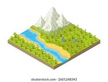Isometric snowy mountain with river and natural forest