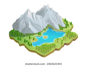 Isometric snowy mountains with lake and forest