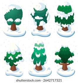 Isometric Snowy Winter Trees Vector Illustration
