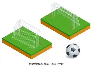 Isometric Soccer Ball With Field & Goal Posts. Flat Vector Illustration