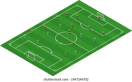 isometric soccer field illustration with players