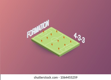 isometric soccer or football player, formation, in the field vector illustration
