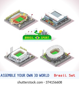 ícono del estadio de fútbol isométrico. Plano 3D Ciudad androide videojuego deportivo baldosa construcción Vector Set Collection