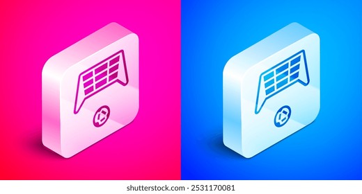 Isometric Soccer goal with ball icon isolated on pink and blue background. Silver square button. Vector