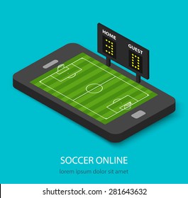 Isometric soccer online concept with soccer field and indicator board on smartphone, vector illustration