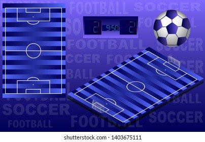 Isometric soccer playground, ball, and scoreboard. Soccer field top view. Isolated. In vector

