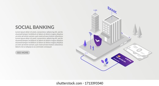 Concepto de banca social isométrica, transacción de pagos en línea de seguridad
