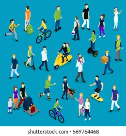 Isometric social crowd template with people of different ages and professions on blue background isolated vector illustration