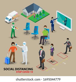 Isometric Social Distancing Concept For Preventing Coronavirus Covid-19 With People Keeping A Circular Distance Boundary ,vector Illustration.