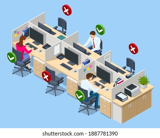 Isometric social distancing poster for meeting room in office. Safety awareness of covid-19 virus. Social distance maintain at workstation desk.