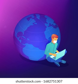 Isometric Social Distancing And Self-isolation Outsource Job During Covid-19 Global Pandemic Abstract Concept. International Cooperation, Distance Home Working Vector 3D Isometric Illustration.