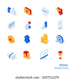 Isometric Social Marketing Icons Set. 3D Icons In Flat Colors