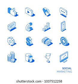 Isometric social marketing icons set. Line style 3D icons