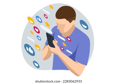 Isometric Social Media Addiction, Influence, Popularity, Modern Lifestyle, and Ad Concept. Man touch smartphone, chatting, talk in virtual social networks or watch online news, stories and video