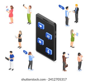 Isometric social media addiction. People crowd using gadgets, waiting likes and comments from online friends. Isolated characters and smartphone flawless vector set