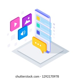 Isometric Social Media Bot, messenger Chat Bot, auto-reply software concept. Business, technology, internet, and networking concept. Vector illustration