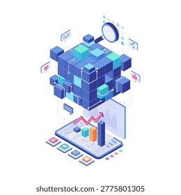 Isometric Social Media Data Analytics and Digital Marketing Strategy. Social Media Data Analytics Concept