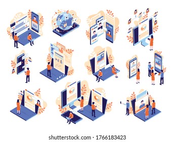 Isometric Social Media Icon Set With Forum Viewing Content Social Network Profile And Communication Descriptions Vector Illustration