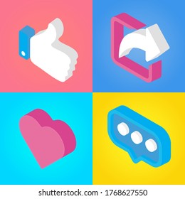 Paquete de iconos de medios sociales isométricos - Como Compartir favoritos Comentario, iconos de colores frescos en 3D 