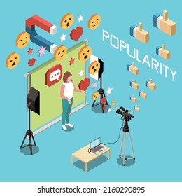 Isometric Social Media Influencer Popularity Concept With Blogger Shooting Video On Camera 3d Vector Illustration