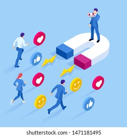 Isometric social media likes and follows or marketing magnet engaging followers concept.