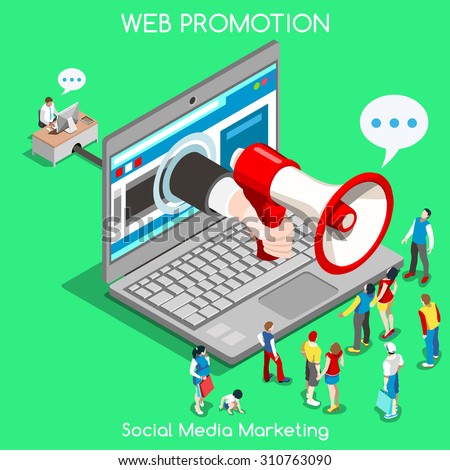 Isometric Social media marketing Advertise Promote People Isometric speaker 3D Flat Vector Icon Set Online Media Promote Social Web Template Mockup Flat Marketing advertise 3D People Web infographic
