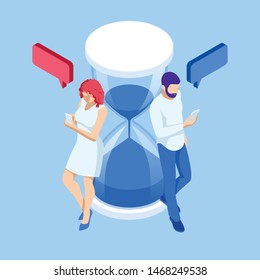 Isometric Social, media, Marketing concept. Man and woman with smartphones near the hourglass. Online chat man and woman app icons