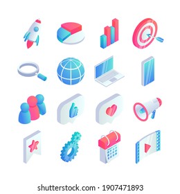 Isometric social media marketing flat icons set. 3d network concept symbols with rocket, phone, like, target, megaphone icons. Web illustration infographics collection