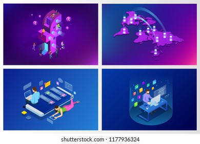 Isometric social media or social network concept. Internet marketing, like and message icons, chatting. People using a smart phone, tablet and laptop for working or playing social network, website