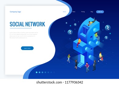 Isometric social media or social network concept. People using a smart phone, tablet and laptop for working or playing social network and website. Vector illustration