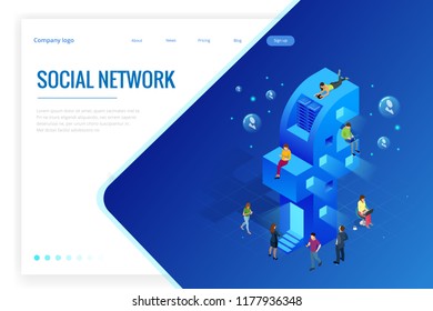 Isometric social media or social network concept. People using a smart phone, tablet and laptop for working or playing social network and website. Vector illustration