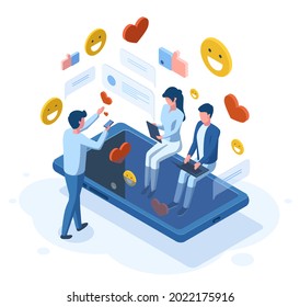 Isometric social media people online communication concept. Social network, person get positive feedback, likes, thumbs up vector illustration set. Social media communication, virtual relationship