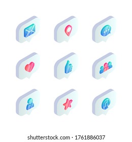 Isometric Social Media speech bubble icon. 3d notifications like counter, heart, hand, teamwork, user, mail, message, rating symbols. Vector illustration for web design, app, design, infographic, UI.