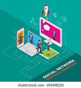 Isometric social network background with person lines mobile computer tablet circles and integrate flat icons. Connected symbols for business digital, global concepts. Vector illustration
