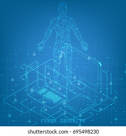 Isometric social network background with person lines mobile computer tablet circles and integrate flat icons. Connected symbols for business digital, global concepts. Vector illustration